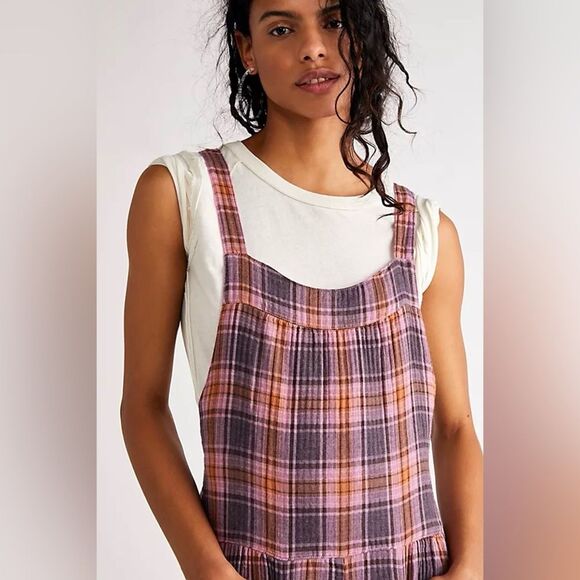 Free People x CP Shades Pink, Purple, Orange Plaid Overall Flare Wide Leg Sz S - Picture 3 of 13